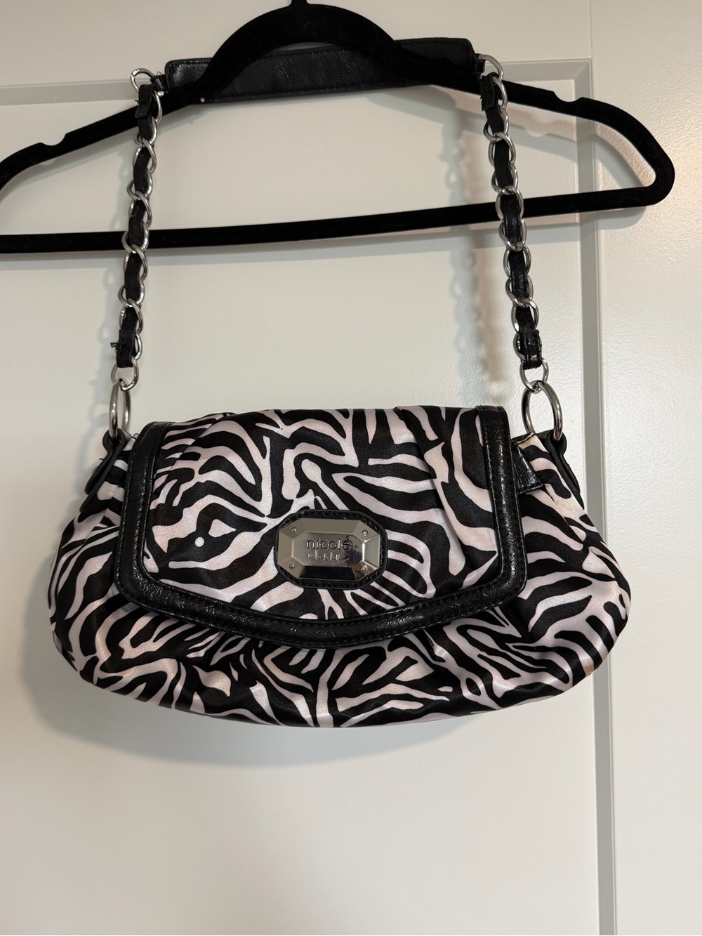 Nicole Miller Black and White Zebra-Print Shoulder Bag with Chain Strap